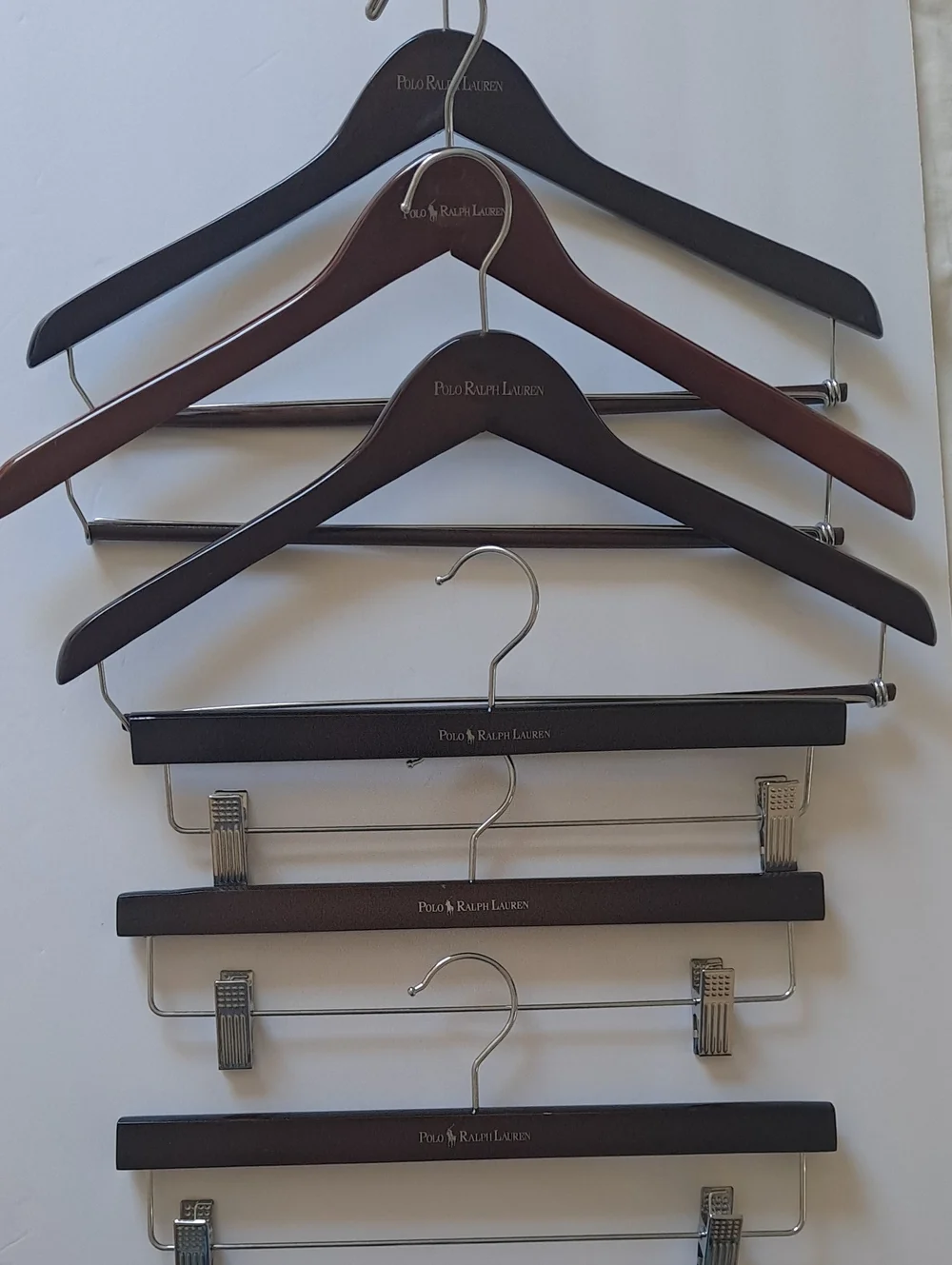 6 X Ralph Lauren Wooden Hangers 3 Shirts / Coats & 3 Pants in Dark Brown Logo